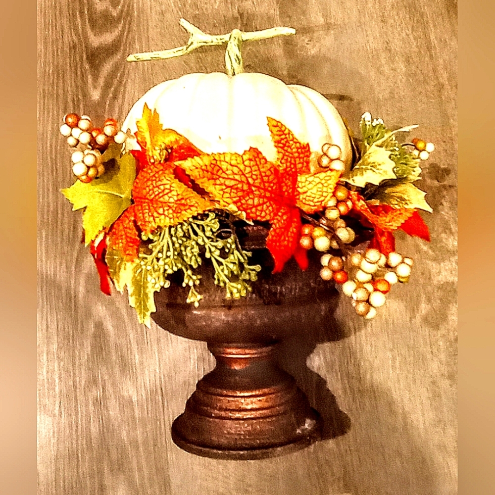 FALL DECOR PUMPKIN AND FALL FOLIAGE 14" X 14" COPPER COLOR POT